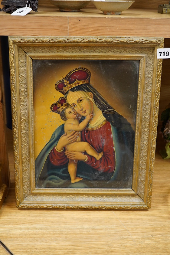 Early 20th century School, Portrait of Madonna and child, oil on metal panel, possibly aluminium or zinc, 33 x 25cm, gilt frame